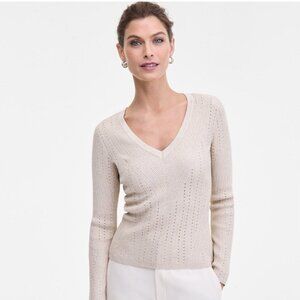 NWT Macy's I.N.C. Women's Metallic-Knit V-Neck Cream Sweater